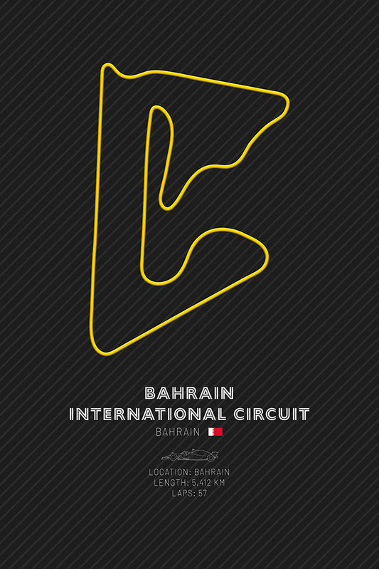 Minimalist art print of the Bahrain International Circuit F1 layout, outlined in yellow against a black background, representing the iconic Bahrain Grand Prix track.