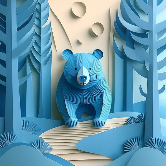 Bazul The Bear by FN Prints is a digitally illustrated, charming bear standing on a path in a stylized forest. The scene, rendered in soothing blue hues and cream, is crafted from layered paper-cut designs. Geometric trees and hills form a whimsical background as Bazul gazes forward with a gentle expression.