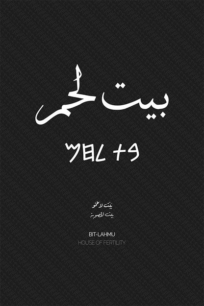 Minimalist art print of Bethlehem (بيت لحم), Palestine (فلسطين) in black Arabic calligraphy on a textured white background. Includes ancient Canaanite script and the translation 'House of Fertility' in both English and Arabic (بيت الخصوبة).