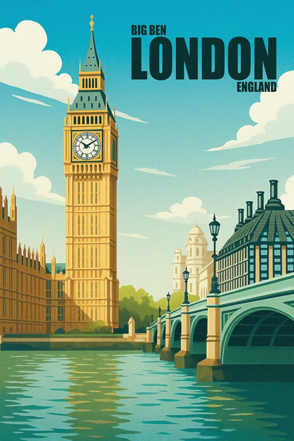 Illustrated poster of Big Ben in London, England, with bridge and river in foreground under blue sky.