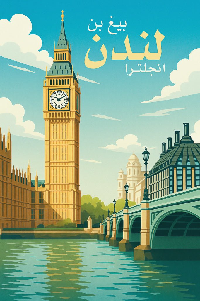 Illustrated poster of Big Ben in London, England, with bridge and river in foreground under blue sky.