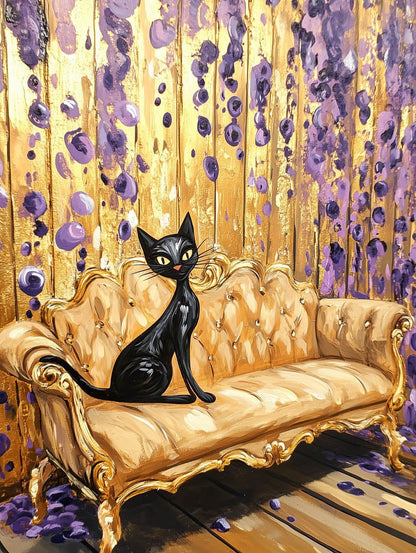 A black cat majestically sits on a Gold Sofa by FN Prints. Behind, a wall drips with purple and gold paint, reminiscent of Rojkind's innovative style, creating a vibrant artistic ambiance.