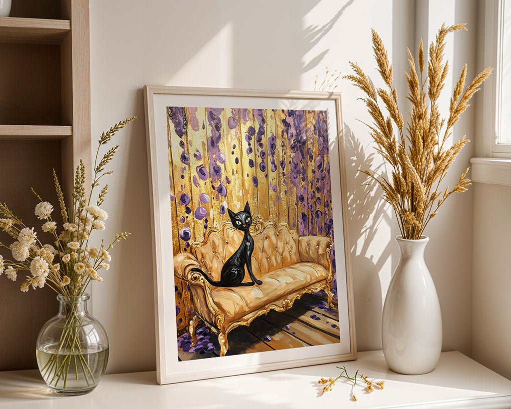 A framed FN Prints artwork titled "Black Cat, Gold Sofa" shows a black cat on a gold sofa with an abstract purple and yellow background. Positioned near a vase with wheat stalks and another with white flowers, it echoes Rojkind's style.