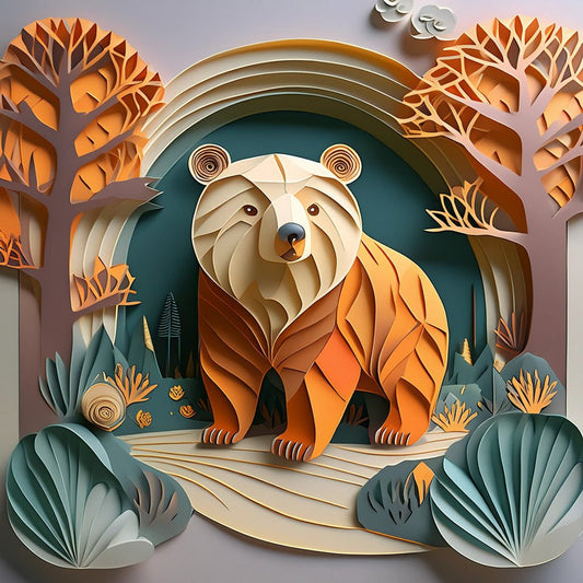 Introducing FN Prints' "Blakely The Bear," a whimsical forest art piece. Crafted from layered geometric shapes in shades of orange and cream, Blakely the bear stands amidst stylized trees, plants, and foliage in earthy tones and teal colors. This enchanting children's art print adds depth and texture to any space.