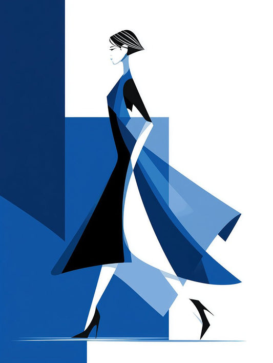 Blue Minimalist Woman by FN Prints features a confident woman in a black dress and blue coat, set against a geometric blue and white background—ideal modern wall art for stylish home decor.
