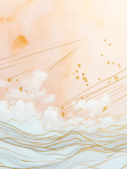 The "Blush Gold Seascape" by FN Prints is a digital artwork that showcases soft pastel hues of peach and ivory complemented by flowing lines. The gold accents resemble inlaid marble carvings, evoking a sense of movement reminiscent of waves and clouds, which imparts a serene and ethereal atmosphere.