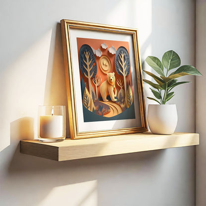 A framed art print from FN Prints, showcasing Bo The Bear in a stylized forest scene, rests on a wooden shelf. Accompanied by a lit candle and a potted plant, the display exudes charm. Soft natural light gently illuminates the arrangement, creating a cozy ambiance.