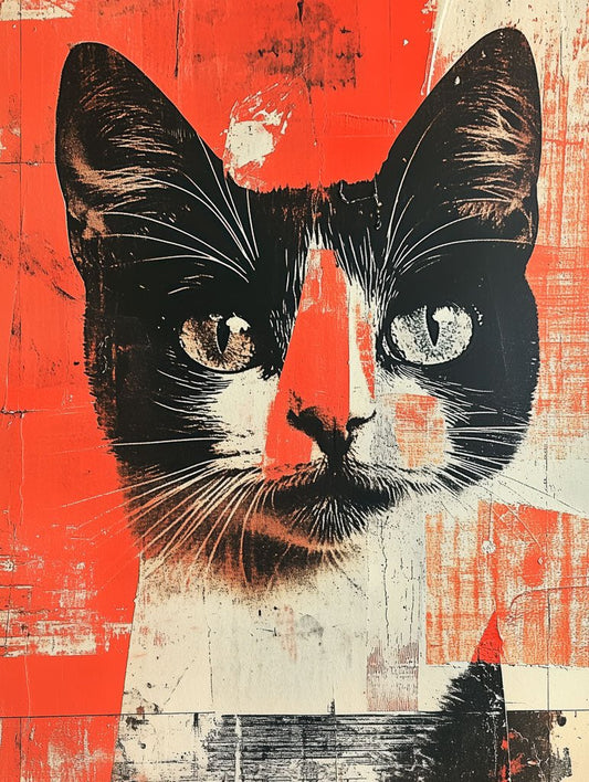 Illustrated cat portrait with black-and-white detail over a distressed red and cream background.