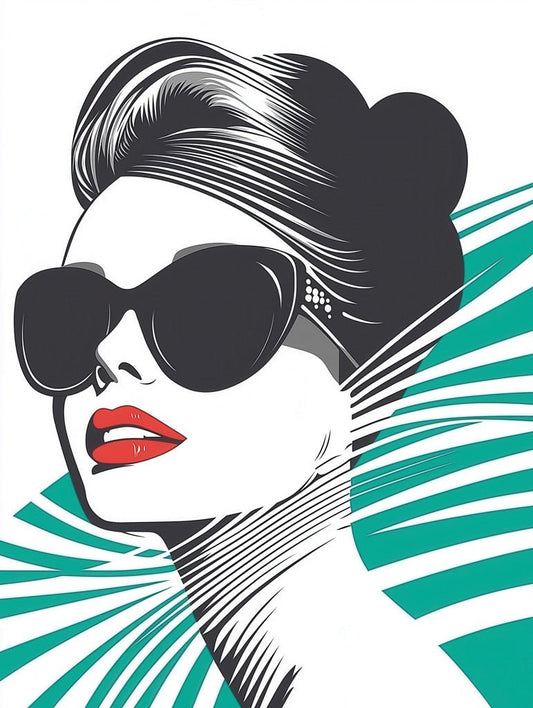 Illustration from FN Prints, titled "Bold Contrast: Green Flair," featuring a woman wearing oversized sunglasses and red lipstick in a pop art style. Her hair is styled in an updo and wrapped in a teal-striped scarf. The vibrant white background enhances the striking black and teal graphic elements, celebrating bold artistic expressions.