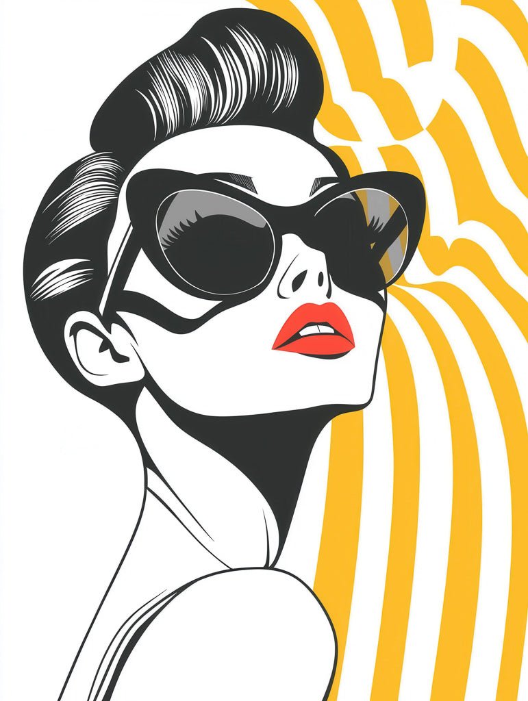 An eye-catching illustration from FN Prints, titled "Bold Contrast: Yellow Twist," features a person with short hair adorned in oversized sunglasses and bright red lipstick, looking upwards. The vibrant piece is enhanced by bold yellow curves in the background, delivering a dynamic and retro pop art aesthetic.