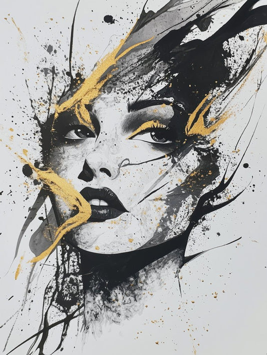An abstract portrait of a woman with dynamic black ink splashes and gold accents, creating a modern and powerful visual.