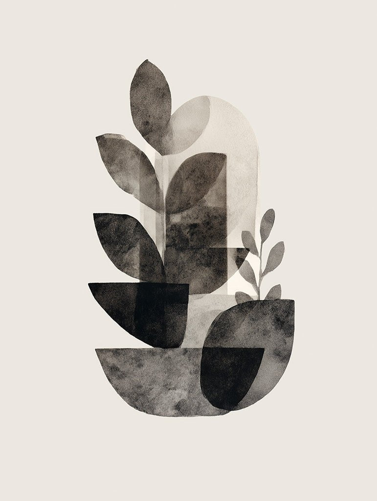 Abstract black and gray leaf design on a beige background