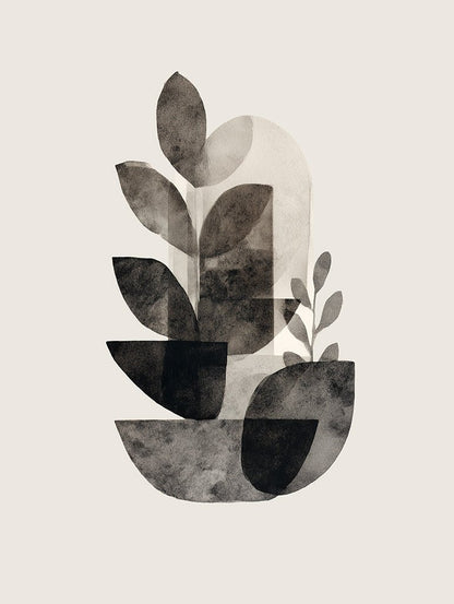 Abstract black and gray leaf design on a beige background