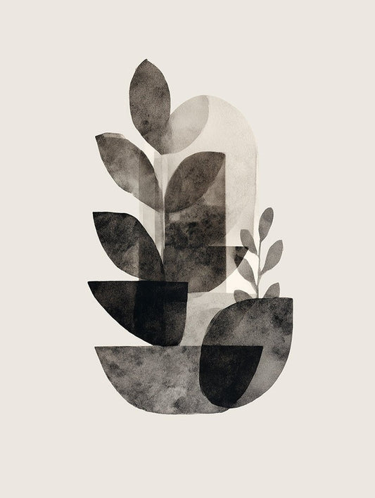 Abstract black and gray leaf design on a beige background