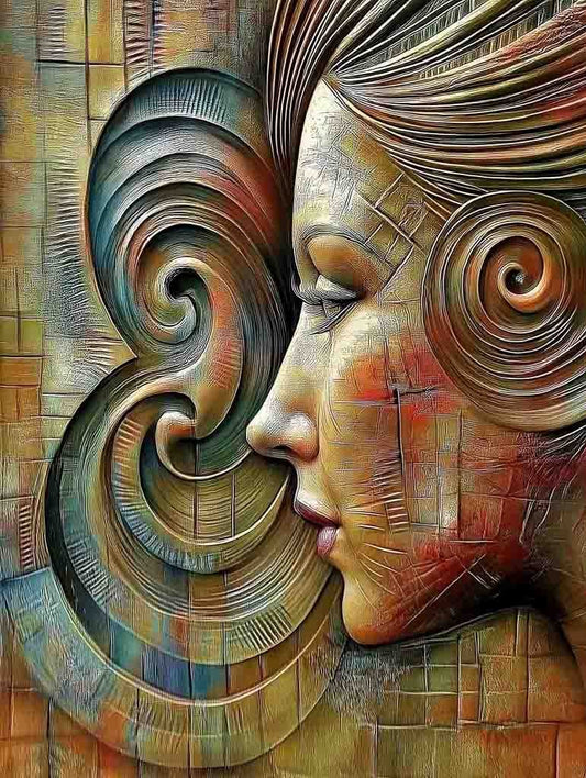 The "Bronze Reverie" by FN Prints is a textured abstract painting that features a woman's profile adorned with swirling curls and intricate geometric patterns in earthy tones, reminiscent of abstract digital artwork. This piece masterfully blends natural curves with angular elements, achieving a harmonious fusion of human and abstract forms.