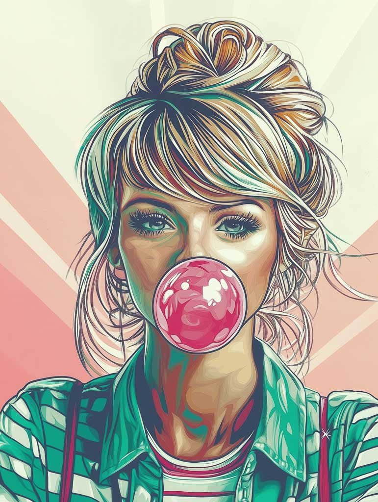 A stylized illustration from FN Prints, titled "Bubblegum Pop," features a woman with a messy bun blowing a bubblegum bubble. She’s wearing a green striped shirt over a red and white striped top, all set against retro soft pink and cream sunburst patterns.