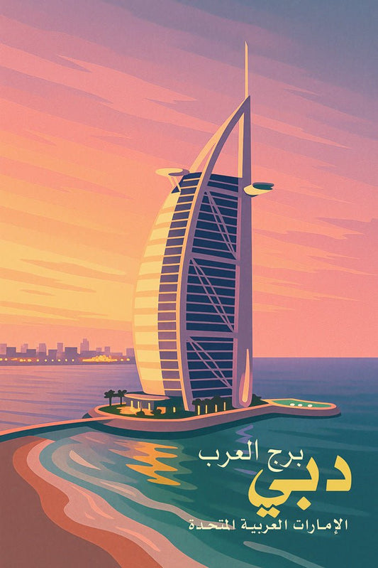 Illustration of Burj Al Arab in Dubai during sunset, with orange sky and sea reflections.