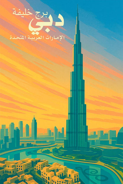 Retro-style illustration of Dubai skyline with Burj Khalifa and desert curves in warm tones.