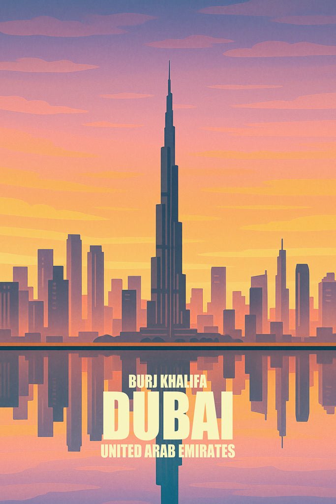 Digital art print of Burj Khalifa and Dubai skyline reflected in water under a sunset sky.