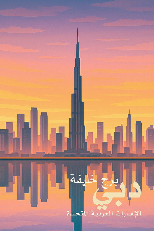 Digital art print of Burj Khalifa and Dubai skyline reflected in water under a sunset sky.