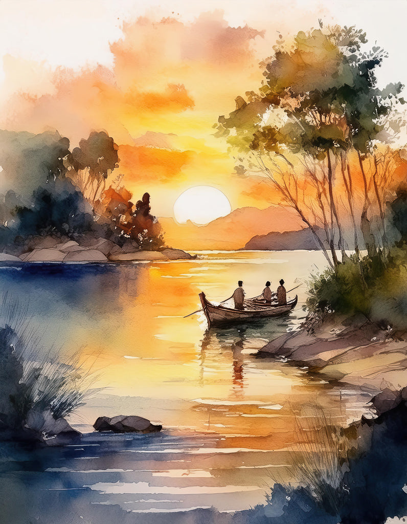 The digital watercolor artwork "Far Eastern Fishing River" by FN Prints beautifully depicts a serene Vietnamese river scene at sunset. Three people sit in a boat near the shore, surrounded by lush trees and still water that reflects the vibrant hues of the sky. The sun glows warmly as it sets behind distant hills.