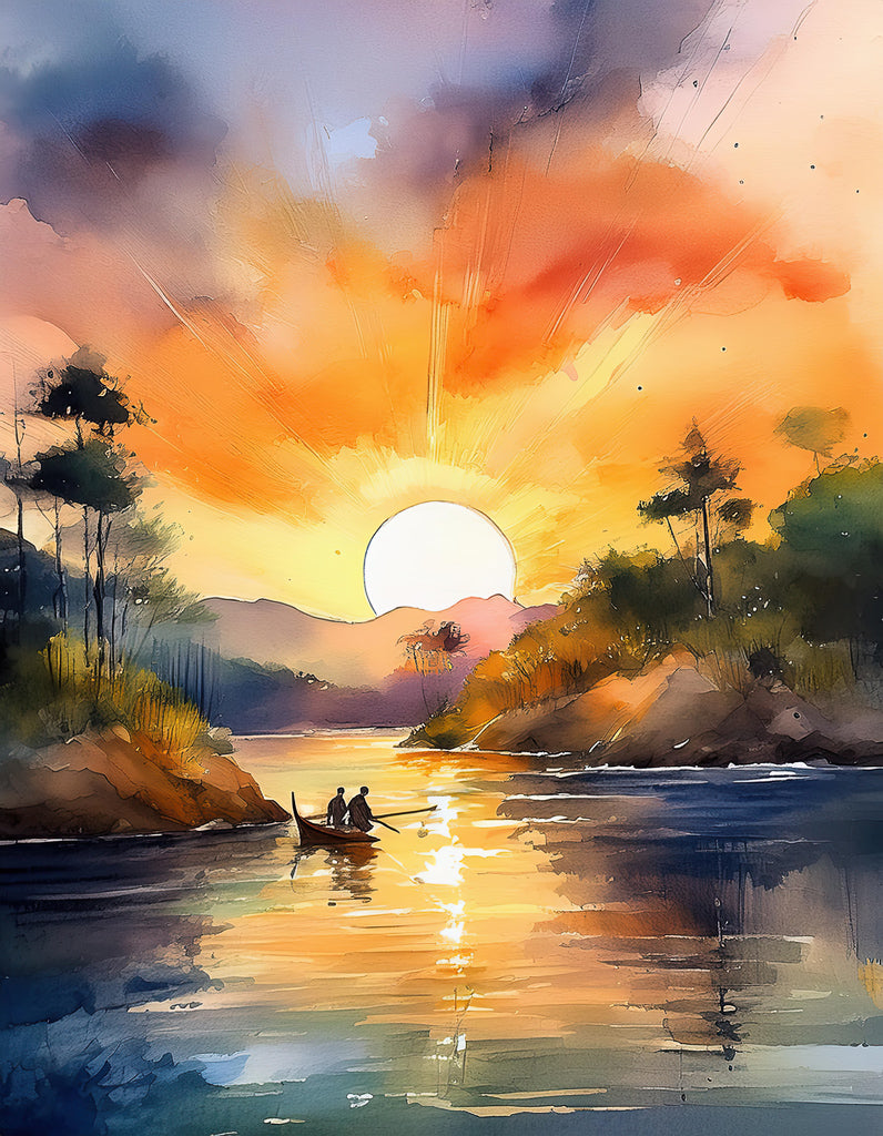 The "Vietnamese Dawn River" by FN Prints is a vibrant digital watercolor artwork depicting a serene lake at sunset with two people in a small boat. The sky is ablaze with rich hues of orange, pink, and blue, reflecting on the calm water. Lush greenery frames the scene, making it perfect for serene home decor.