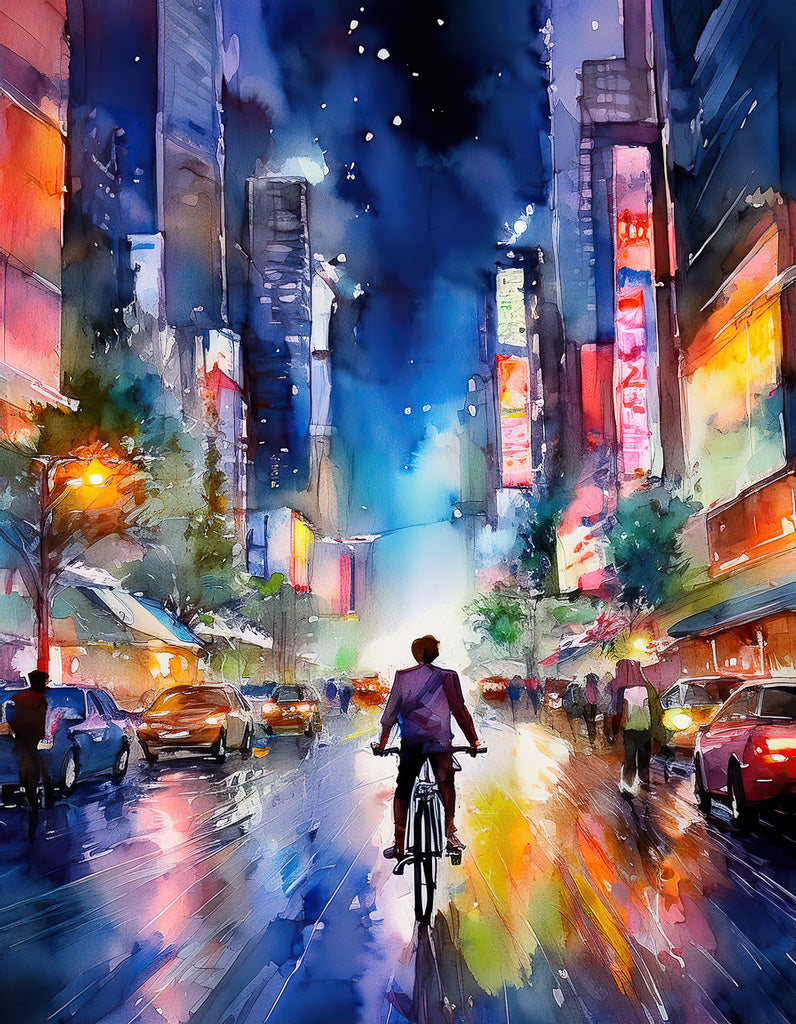 A vibrant digital painting titled "City Nights: Cyclist" by FN Prints captures a lone cyclist riding down the middle of a wet, glowing road at night. The bright, colorful lights from tall buildings and street signs reflect on the damp pavement, creating an enchanting urban artwork with a dreamy atmosphere.