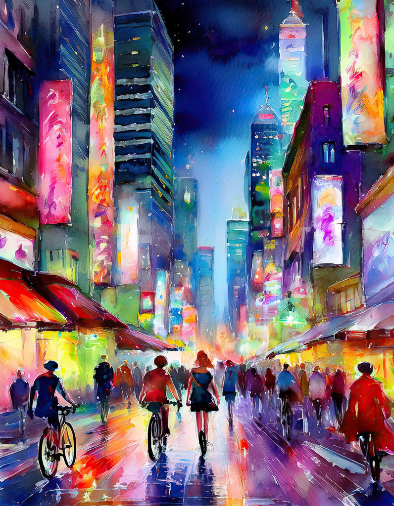 The "City Nights: Pedestrian Street" artwork by FN Prints captures a vibrant, colorful city street at night teeming with pedestrians and cyclists. Tall buildings are adorned with bright, neon-lit billboards and signs, perfectly depicting an urban evening scene bustling with activity. The energetic atmosphere thrives under a dark, starry sky in this stunning piece.