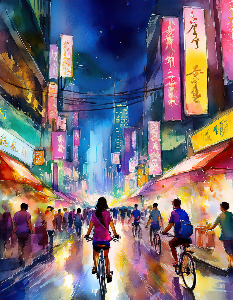 City Nights: Far East, a vibrant watercolor-style digital artwork from FN Prints, beautifully captures a bustling city street at night. People walk and cycle under colorful, glowing neon signs adorned with Asian script. The wet pavement reflects the bright lights, enhancing the lively and dynamic atmosphere of this stunning Asian metropolis art piece.