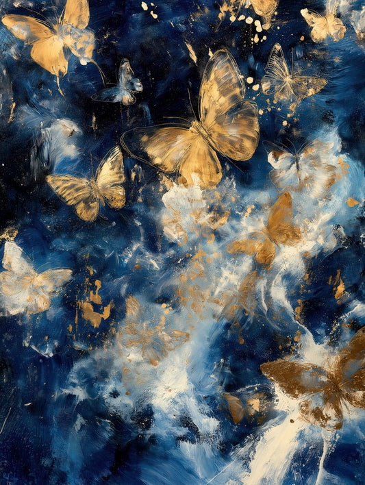 FN Prints’ Butterflies Dreamscape showcases a vibrant expressionist digital artwork where golden butterflies flutter against a dark blue and white abstract background, creating an ethereal and dynamic atmosphere.