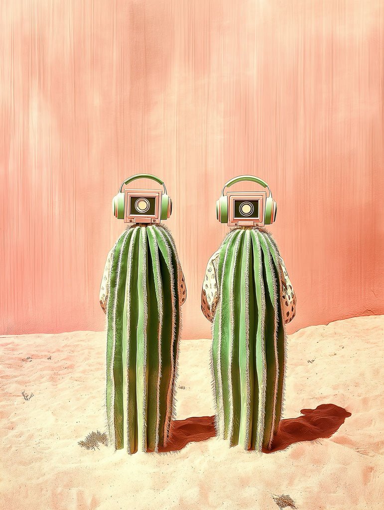 Two tall cacti sporting vintage radio heads and headphones stand side by side on a sandy, desert-like surface, epitomizing surrealism. Against a soft pink background, this whimsical artwork beautifully captures the imaginative harmony of "Cactus Beats in the Desert" by FN Prints.