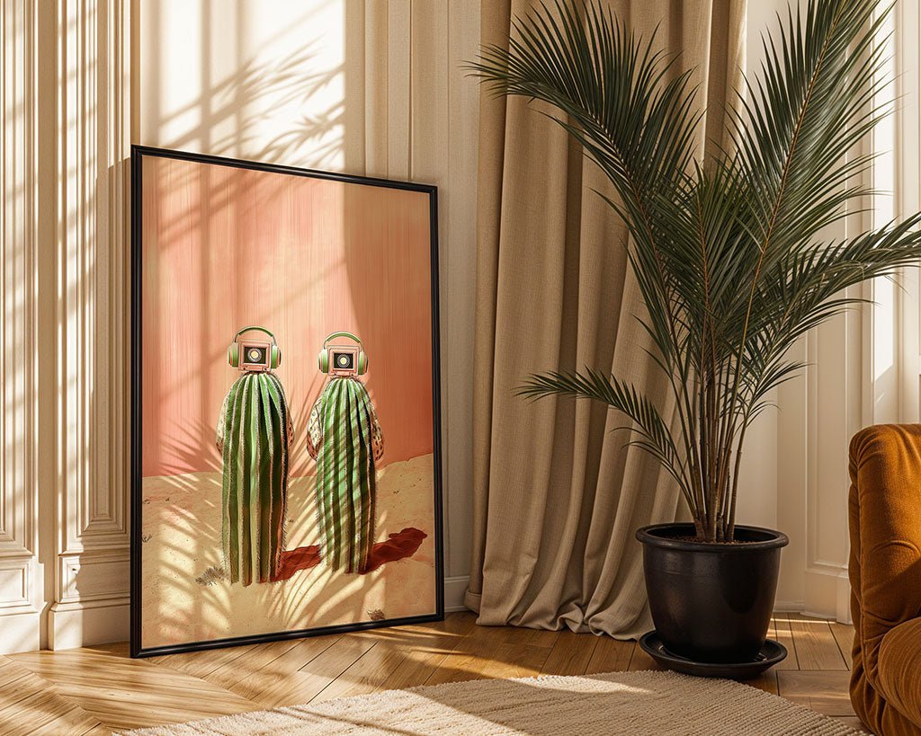 The "Cactus Beats in the Desert" artwork by FN Prints, depicting two cacti with TV sets as heads, leans against a light pink wall while surreal shadows spill from tall windows. To the right, a large potted plant is positioned next to a partially visible mustard-colored chair.