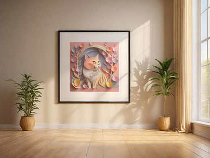 A bright room with wooden floors and a large window features "Calix The Cat," a colorful digital art print by FN Prints, framed and centered on the wall to enhance children's spaces with its charm. Two potted plants are symmetrically placed on either side of the artwork, adding balance to the setting.