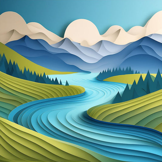 Experience the serene paper art landscape of the "Calming River" by FN Prints, featuring a winding blue river, green rolling hills, and dark green trees. The backdrop showcases white-capped mountains beneath a blue sky, all created with smooth, curved shapes and gradients that evoke a folded paper effect.