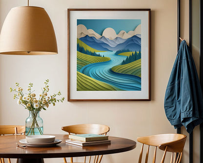 The dining area showcases a wooden table accompanied by chairs, a vase of flowers, and stacked books. A blue jacket is draped nearby. Hanging on the wall is a framed digital artwork titled "Calming River" by FN Prints, depicting a scenic landscape with mountains and a turquoise blue river. Overhead, there is a pendant lamp that casts an effect reminiscent of folded paper.