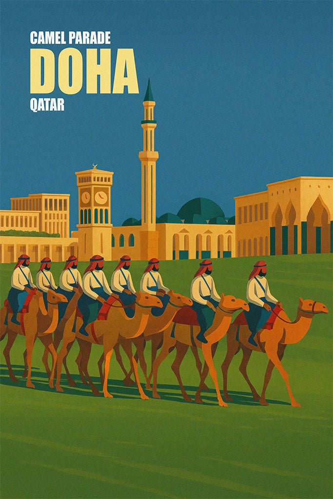 Illustration of a camel parade in Doha, Qatar with traditional architecture in the background.