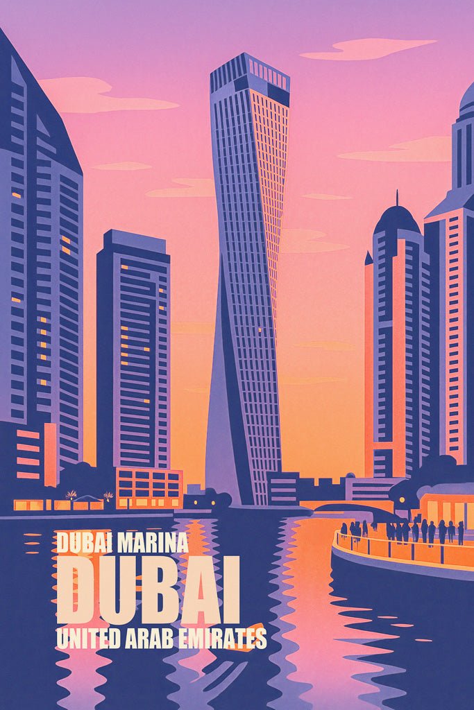 Illustration of Cayan Tower in Dubai Marina at sunset, surrounded by skyscrapers and waterfront reflections.