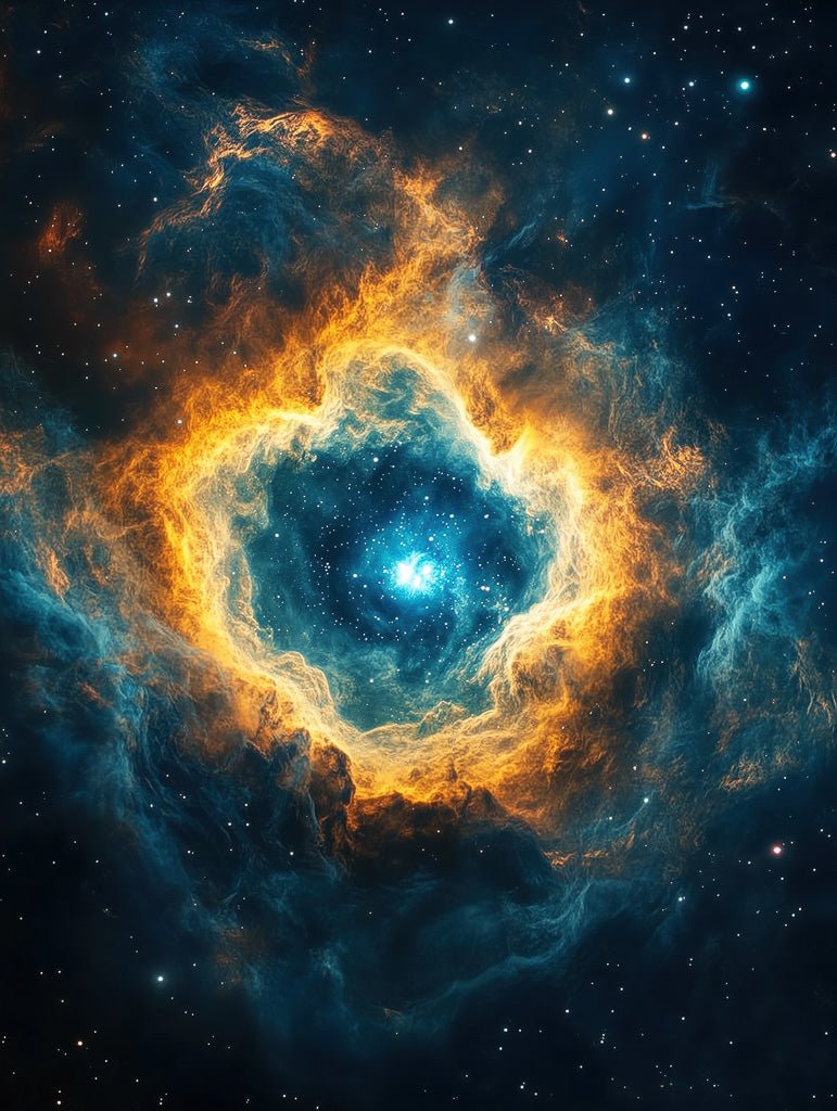 Abstract cosmic wall art of a fiery nebula with glowing blue center, surrounded by orange and navy space clouds and stars.