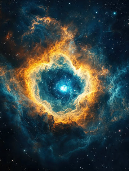 Abstract cosmic wall art of a fiery nebula with glowing blue center, surrounded by orange and navy space clouds and stars.