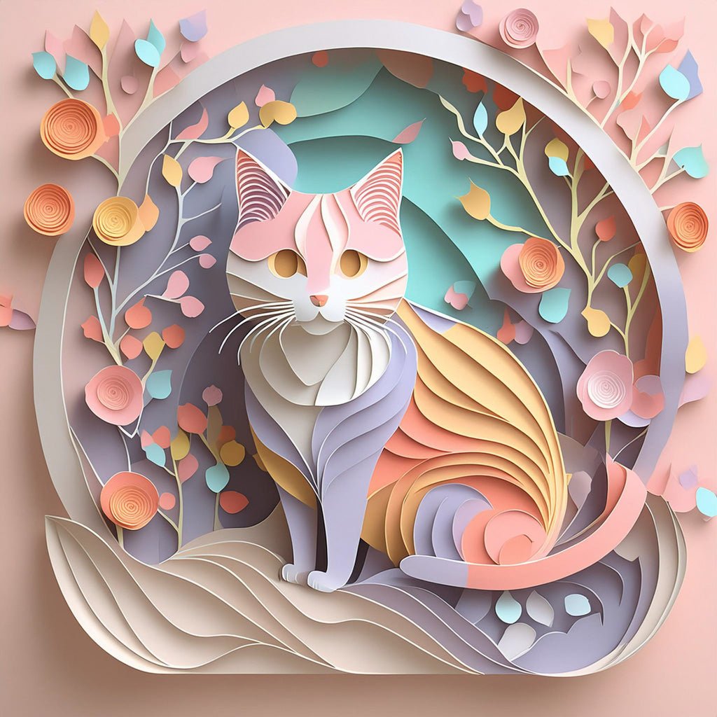 The Châu The Cat digital art print by FN Prints showcases a whimsical voyage of colorful paper art featuring an adorable cat amidst an abstract nature background. The cat, adorned in pastel shades of pink, yellow, and purple with swirling patterns, is perfect for children's spaces. Stylized leaves and flowers surround it, enhancing the vibrancy of this delightful piece.