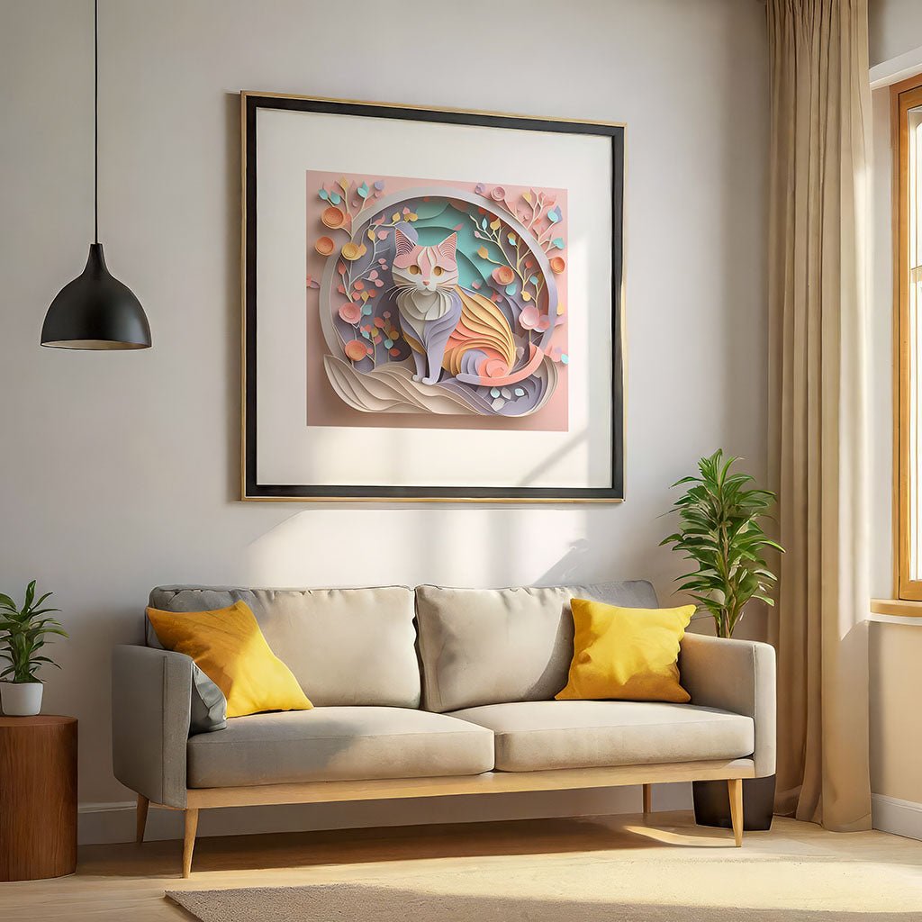 The cozy living room highlights a gray sofa adorned with yellow cushions, complemented by a potted plant and a large window. Above the sofa is "Châu The Cat," colorful abstract digital art amidst flowers by FN Prints. A black pendant light hangs from the ceiling, creating a serene ambiance ideal for children's spaces.