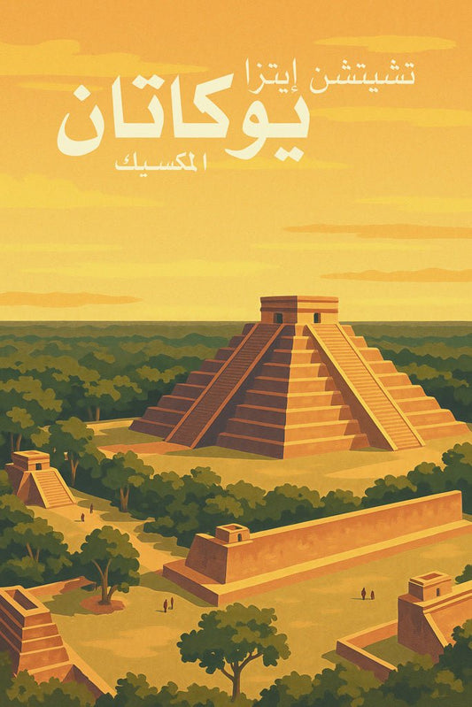 Illustration of Chichén Itzá pyramid in Yucatán, Mexico, surrounded by jungle under a golden sky.