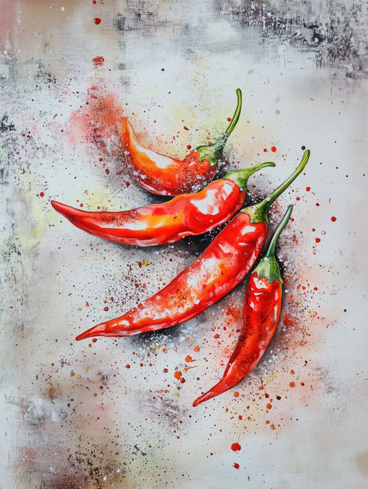 A vibrant abstract art print of red chili peppers with dynamic splashes of color, perfect for adding warmth and energy to contemporary kitchens or dining spaces.