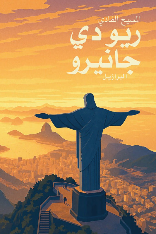 Illustration of Christ the Redeemer statue in Rio de Janeiro, Brazil, at sunset overlooking the city and sea.