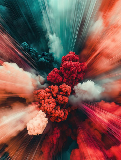 Experience the Chromatic Blast by FN Prints, an abstract digital artwork that showcases a vivid explosion pattern. Vibrant reds, oranges, and whites burst against a dark teal and black background, creating an energetic scene reminiscent of colorful smoke swirling through the sky.