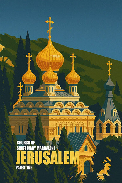 Vintage travel poster of the Church of Saint Mary Magdalene in Jerusalem with gold onion domes among dark green trees at dusk.