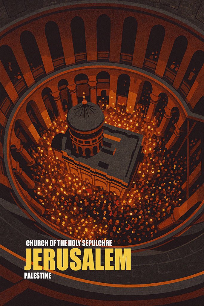 Vintage travel poster of the Church of the Holy Sepulchre, Jerusalem, Palestine, showing the Edicule and candlelit crowd under the rotunda.