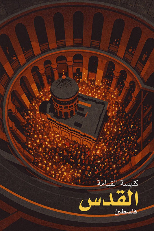 Vintage travel poster of the Church of the Holy Sepulchre, Jerusalem, Palestine, showing the Edicule and candlelit crowd under the rotunda.