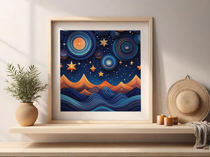 A framed digital art print titled "Circles In The Sky" by FN Prints, featuring a stylized night scene with swirling stars and mountains, sits on a wooden shelf. Vibrant hues illuminate the image, enhancing the atmosphere. Next to the frame is a potted plant, a round straw hat, and two burning candles.