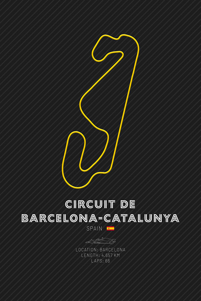 Outline of the Circuit de Barcelona-Catalunya F1 track in yellow on a dark background, representing the challenging Spanish Grand Prix circuit.